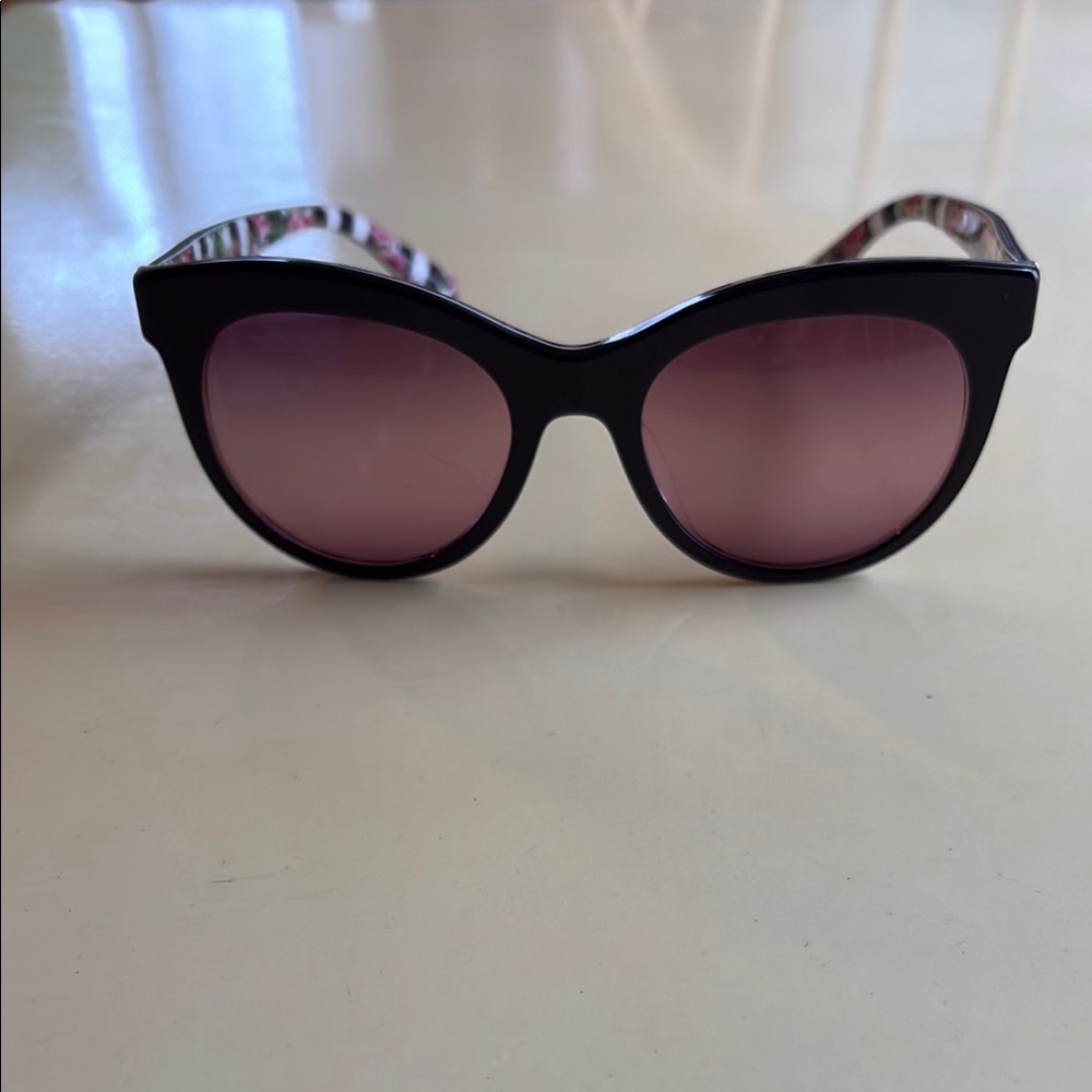 Dolce&Gabbana Black Sunglasses, floral and striped detailing on inside of frame.